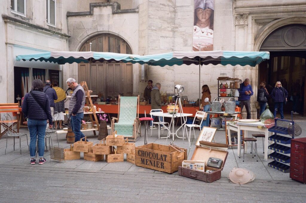 Lively street market in Nancy, France showcasing vintage goods and antiques.